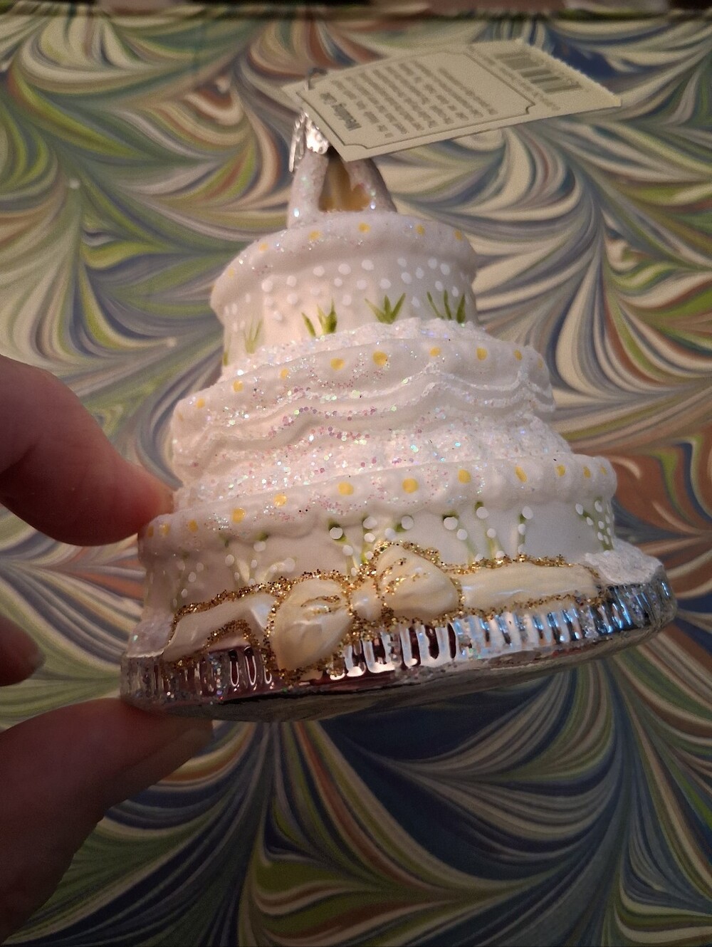 White Tiered Cake Tree Ornament with Gold Glitter Accents